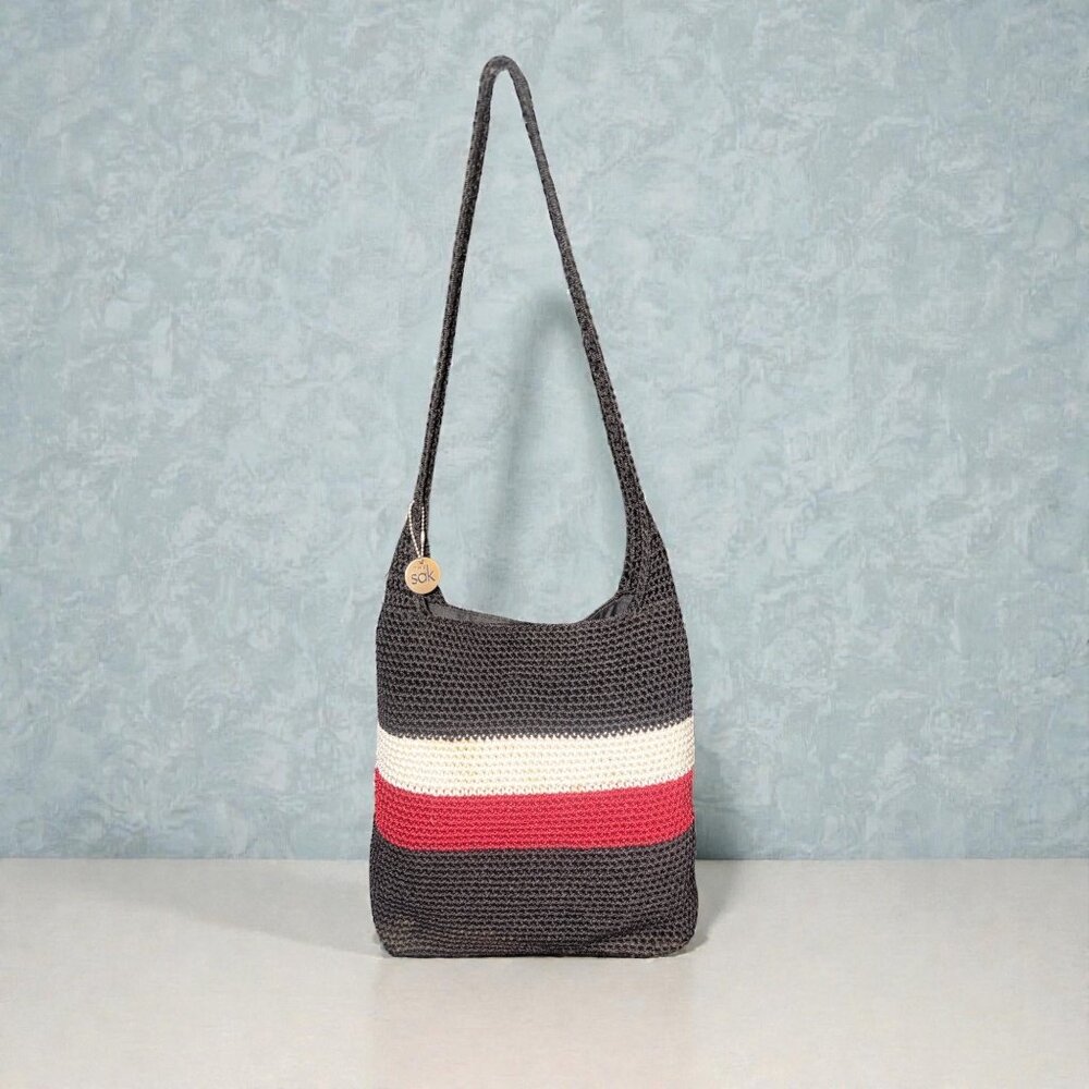 The Sak Hobo Shoulder Bag Black Red Beige Crocheted Crossbody Boho Grannycore